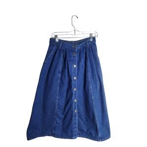 VTG button front denim Midi Skirt sz 12 elastic waist pockets Y2K Modest cotton